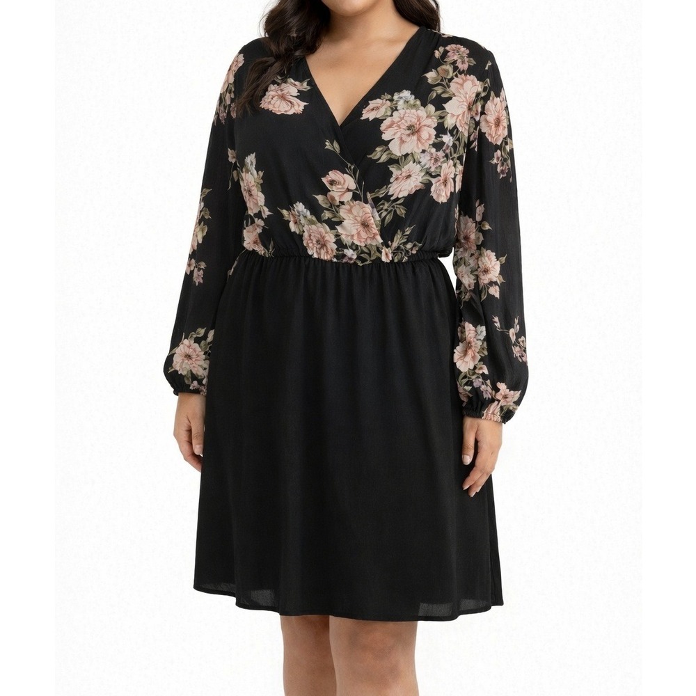 SHEIN Curve Floral Surplice V-Neck Long Sleeve Dress‎ Black 2XL